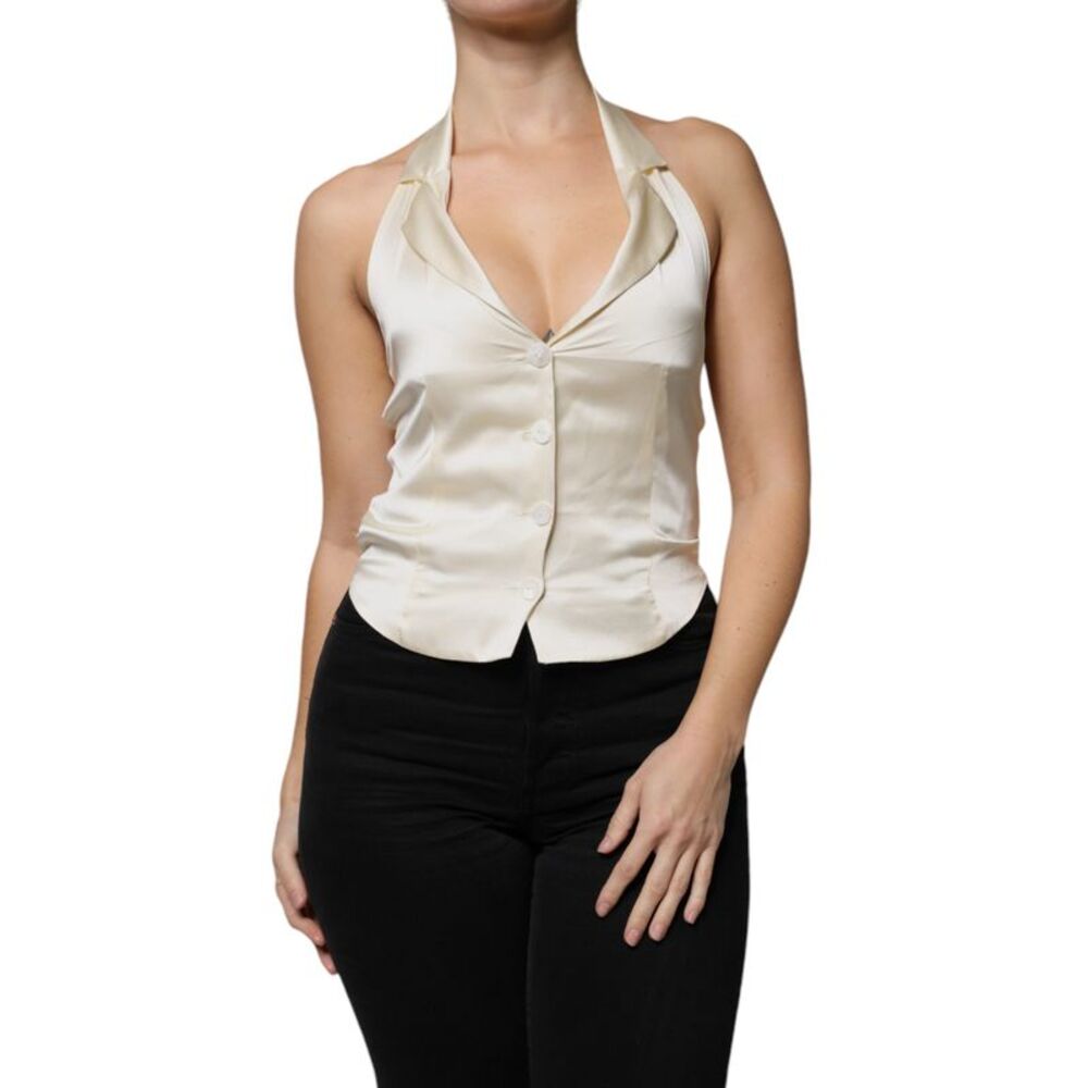 L'Autre Chose Off White Silk Sleeveless Buttoned Halter Women's Top